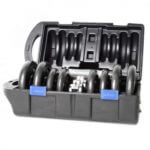 cap barbbell dumbbells plates and handles in the plastic carry box