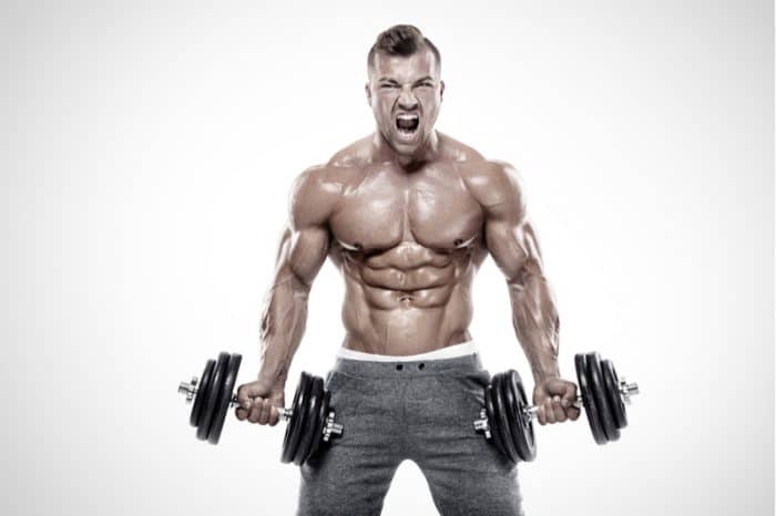 bicep workout adjustable dumbbells very fit bodybuilder standing holding two dumbbells