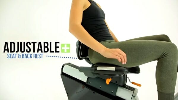 seat of 3d recumbent woman sitting on 3d cardio elite recumbent bike