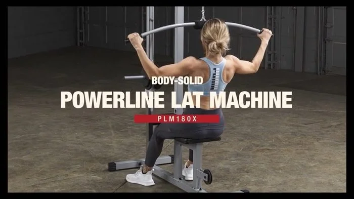 powerline latpull machine female bodybuilder performing lat pulls on Powerline lat machine