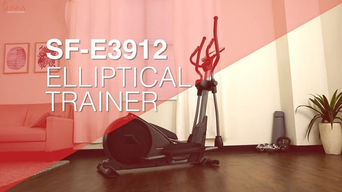 the sunny health and fitness SF-E3912 elliptical standing on its own in front room of house