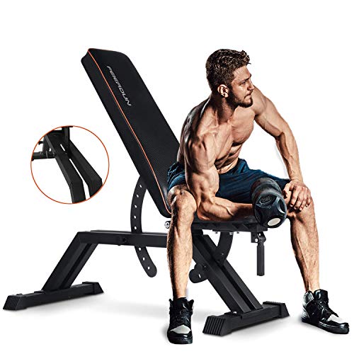 feideun heavy duty 1000lb capacity man performing dumbbell curls on feierdun heavy duty adjustable bench