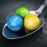 spoon holding three different colour balls saying protein and carbs and fat