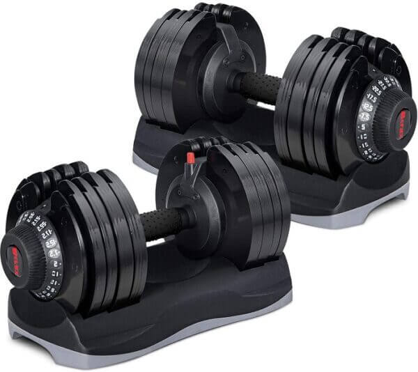 pair of merax adjustable 71.5lb dumbbells in their cradles