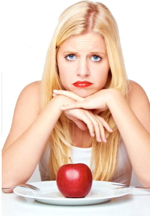 7 deadly diet sins young woman sitting in front of a plate with an apple and a fork