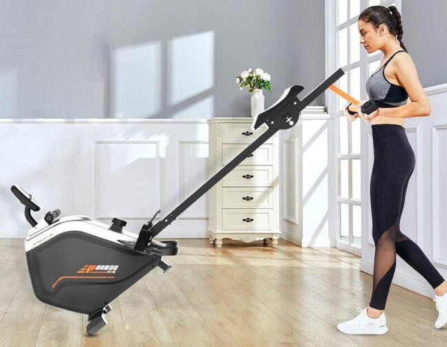 pooboo transport wheels rower woman moving pooboo rower on transport wheels