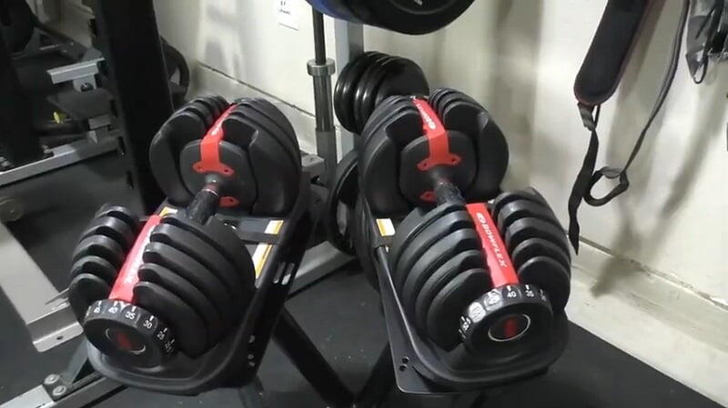 pair of bowflex 552 dumbbells on stand in a home gym