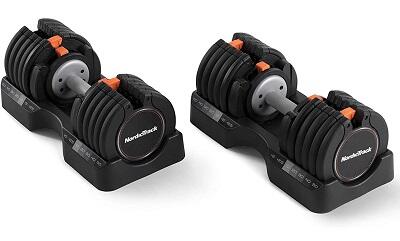 pair of orange nordictrack dumbbells