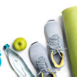 gym shoes, mat, alarm and healthy food water