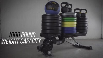 rep fitness bench with 1000lb of weight plates