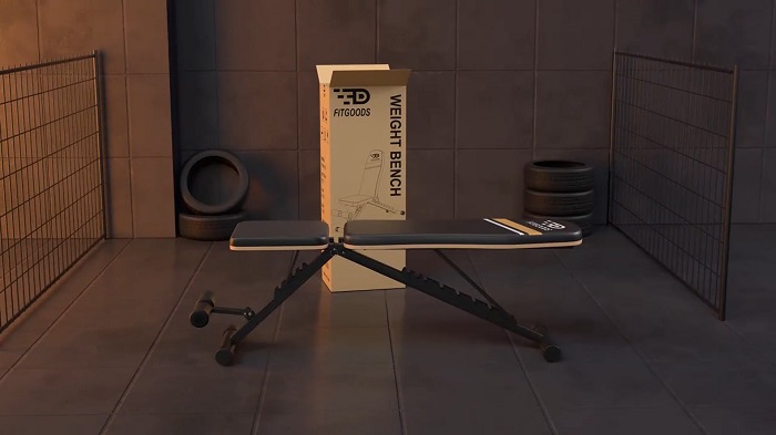 front view fitgoods weight bench in a home gym unboxing
