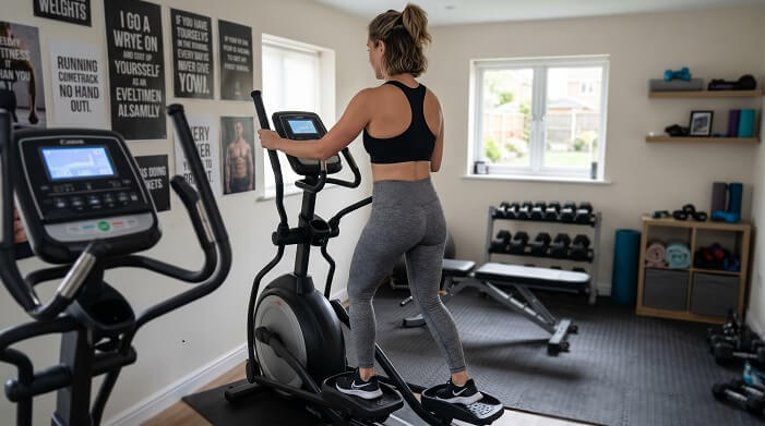 woman performing incline workout on an elliptical in her home gym
