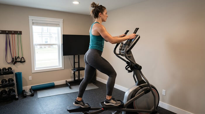 woman performing an elliptical workout on her elliptica machine at home