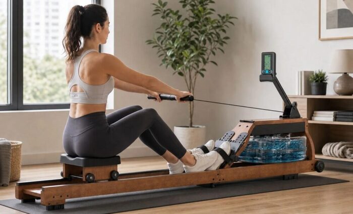 wenoker rw51 water rowing machine woman rowing on wenoker rw51 water rowing machine